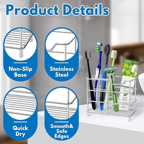 Toothbrush Holders for Bathrooms 304 Stainless Steel Quick Drying Silver | Upgrade Heavy Duty Sturdy Durable Toothpaste Holder Bathroom Organizer Storage Decor Accessories Tooth Brush Holder Caddy thumbnail 7