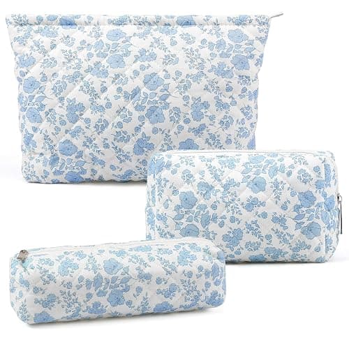 Gocvo 3 Pcs Makeup Bag Cosmetic Bag Set for Girls Women Checkered Travel Organizer Bathroom Toiletry Pouch Large Capacity Storage Bag(Blue Flower) - Image 1