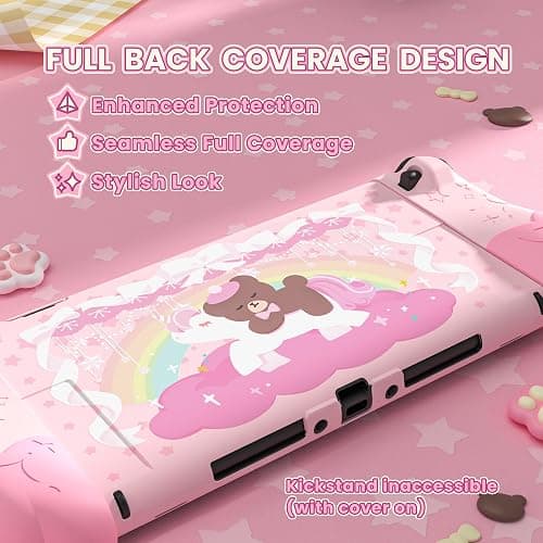 PlayVital Good Night Bear Dockable Case for Nintendo Switch 2 with Stand | Split Design Silicone Joycon Grips, PC Console Hard Shell, 2 Joystick Caps | Cute Protective Cover Bundle – Pink thumbnail 4