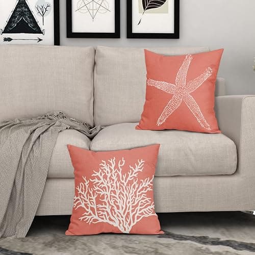 Coastal Coral Throw Pillow Covers 18x18 Inch Set of 2 Starfish Beach Nautical Pillow Covers Summer Farmhouse Pillowscase Linen Square Cushion Covers for Sofa Couch Bedroom Living Room Home Decoration thumbnail 8