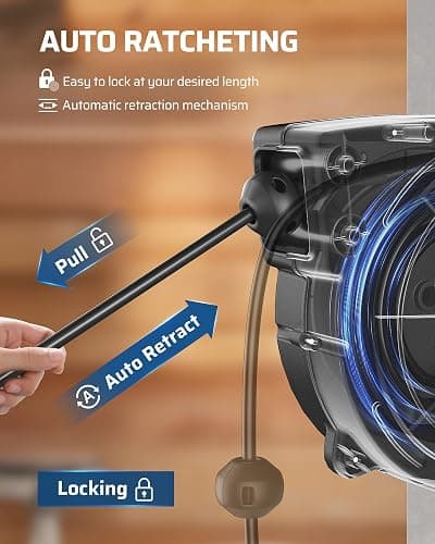 DEWENWILS Retractable Extension Cord Reel, 50FT Heavy Duty Power Cord, 14/3AWG SJTOW, Lighted Triple Tap Outlets, 13 Amp Circuit Breaker, Ceiling/Wall Mount, UL Listed thumbnail 3