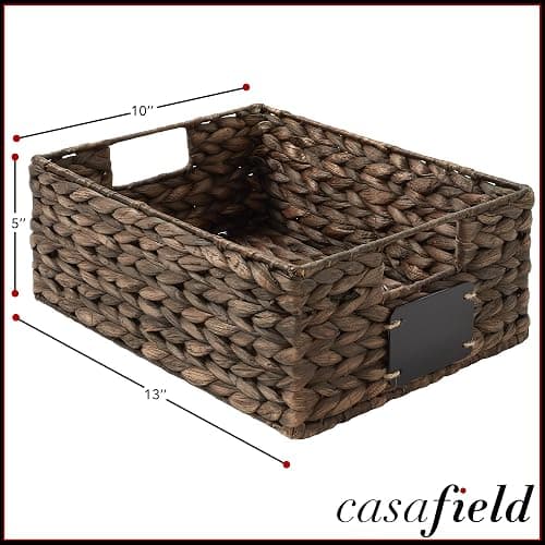 Casafield Set of 4 Water Hyacinth Pantry Baskets, 10" x 13" x 5", with Chalkboard Labels and Chalk Marker - Espresso, Woven Storage Bin Organizers for Kitchen Shelves thumbnail 3
