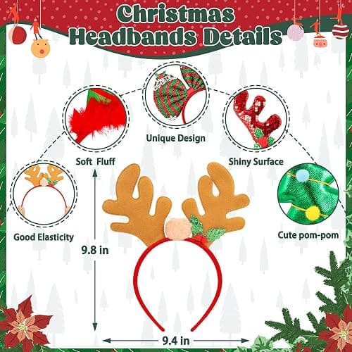 HOVACY 12 Pieces Christmas Headbands, Cute Xmas Head Toppers, Various Design Santa Hat Christmas Tree Snowman Reindeer Antler Headwears for Christmas Party Favors, Christmas Decorations thumbnail 3