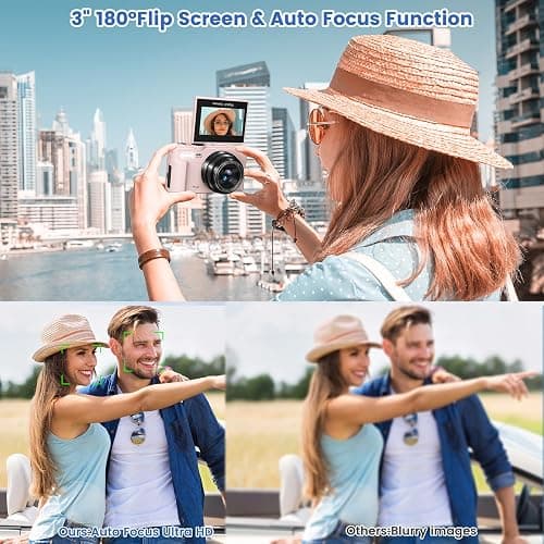 4K Digital Camera for Photography with 3" 180°Flip Screen,64MP Vlogging Camera for YouTube, HD WiFi Compact Camera with Flash, 18X Digital Zoom, 32GB TF Card & 2 Batteries（Pink） - Pink thumbnail 2