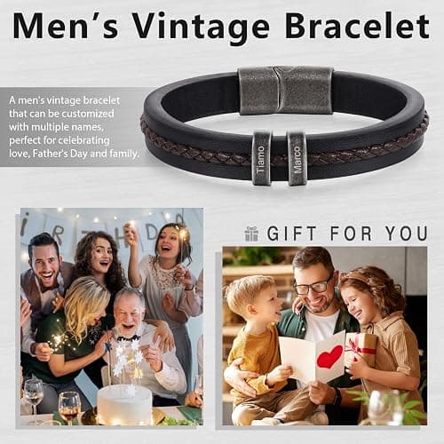 Personalized Custom Name Bracelets for Men - Mens Leather Bracelet with 2-5 Kids Names Customized Gifts for Dad Husband Son thumbnail 6