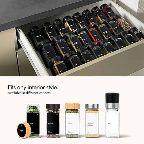 KIVY Spice Drawer Organizer with 24 Spice Jars & 240 Labels - Seasoning Rack for Organization - Kitchen Drawer Insert for Spice Jars - Glass Seasoning Jars with Airtight Lids - Glass Spice Jars Empty thumbnail 9