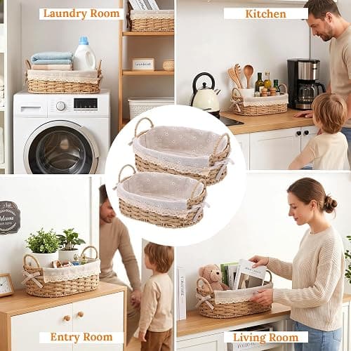 2Pcs Small Wicker Storage Baskets with Handles & Liners for Organizing | Hand-Woven Cute decorative Basket for Home Shelves Organizing, Storage and Deco thumbnail 5