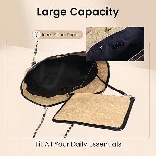 Eiyye Woven Tote Bag for Women Raffia-Style Shoulder Purse Summer Bag | Raffia-style woven look large tote matching pouch black trim thumbnail 5