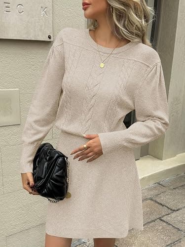 Saodimallsu Womens Puff Long Sleeve Sweater Dress Cable Knit A Line Crew Neck Fall Casual Flare Mini Dresses thumbnail 2