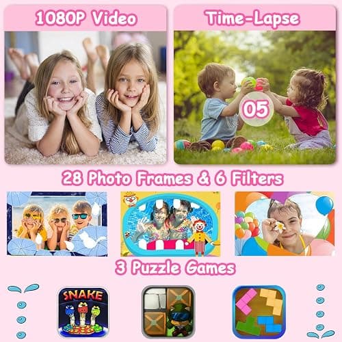 Agoigo Kids Waterproof Camera - Children Underwater HD Video Digital Camcorder, Portable Travel Toy for Toddler - Ideal Christmas Birthday Gifts for Boys Girls Age 3-12 with 32GB Card (Rose Red) thumbnail 3