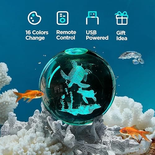3D Sea Turtle Crystal Ball Night Light with 16 Color LED Wooden Base, Large 3.15 Inch Sea Turtle Glass Ball Lamps with Remote Cool Birthday Christmas Turtle Decor Gifts for Boys Girls Friends thumbnail 5