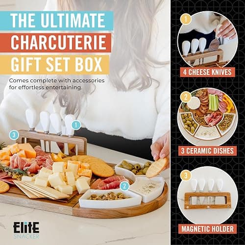Elite Snacker Large Charcuterie Board Set, Acacia Wood, Natural Oil Finish | Magnetic 3-Piece Acacia Wood Design, Reshapes Circle Square Heart, Expands 13 to 26 In, 4 Knives, 3 Dishes, Rich Oiled Grain thumbnail 6