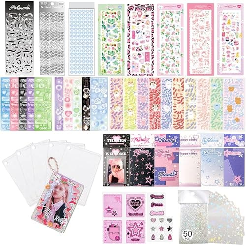 6 Kpop Photocard Holder Keychain Toploaders,6 Wrapped Gift Sets，50 Holographic Card Sleeves for Trading Cards,35Sheets Deco Stickers,2 Pcs Cute Little Pendant (Star II) - Image 1
