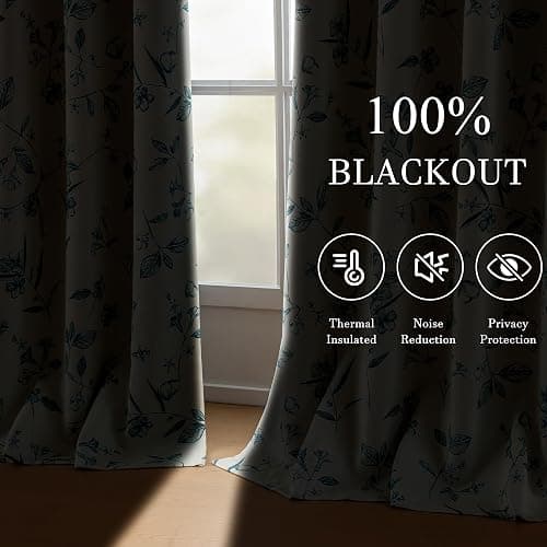 ChrisDowa Beige 100% Blackout Floral Curtains 84 Inches Long 2 Panels for Bedroom Living Room Teal Flower Patterned Room Darkening Thermal Insulated Soundproof Grommet Window Treatments Drapes,52X84 thumbnail 3