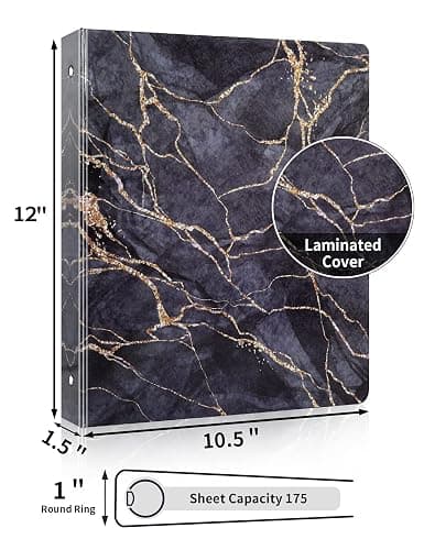 SUNEE 3 Ring Binder, 1 Inch, Cute Binder with 2 Pockets, Decorative Black Marble Heavy Duty (Fit 8.5x11 Inches) for School & Office thumbnail 2