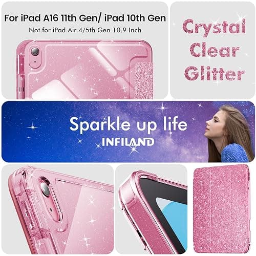 INFILAND Compatible with iPad A16 11th Generation 11 Inch 2025 Case, iPad Case 10th Generation 10.9 Inch, Glitter Cute Cover with Clear Sparkly Back, Pencil Holder, for Kids Girls Woman (Rose Pink) thumbnail 8