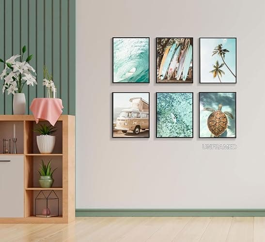 EVPYXFUT Set of 6 Tropical Beach Canvas Wall Art Surf Poster Summer Ocean Coastal Pictures Turtle Print Palm Tree Surfboard Gallery Paintings Nautical Bus Wall Decor for Bedroom Bathroom Unframed thumbnail 3