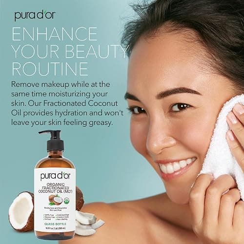 PURA D'OR 16.9 Oz ORGANIC Fractionated Coconut Oil (GLASS BOTTLE) USDA Certified MCT Oil – Therapeutic, Lightweight Moisturizer – Hexane Free Carrier Oil For Essential Oils, Massage – Face, Hair, Body thumbnail 5