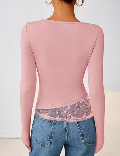 ZESICA Women's Fall Long Sleeve Tops 2025 Casual Cowl Neck Lace Slim Fit Going Out Y2k Knit Shirts Blouses thumbnail 3