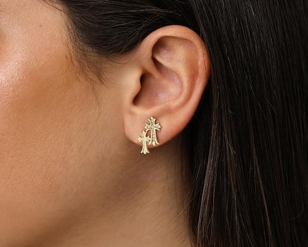 Warshion Gold Cross Earrings for Women 14K Gold Double Piercing Cross Earrings Diamond Stud Earring thumbnail 4