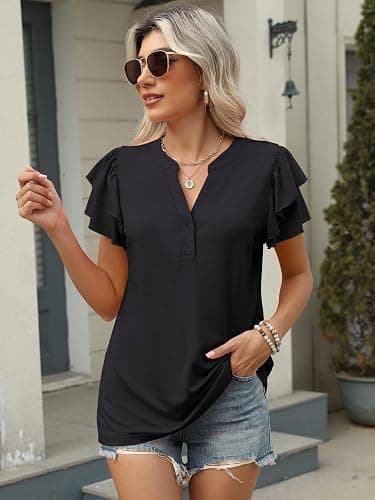 ANRABESS Womens Tops Dressy Casual Ruffle Short Sleeve V Neck Blouses Summer Button Down Business Work Elegant Shirts thumbnail 2