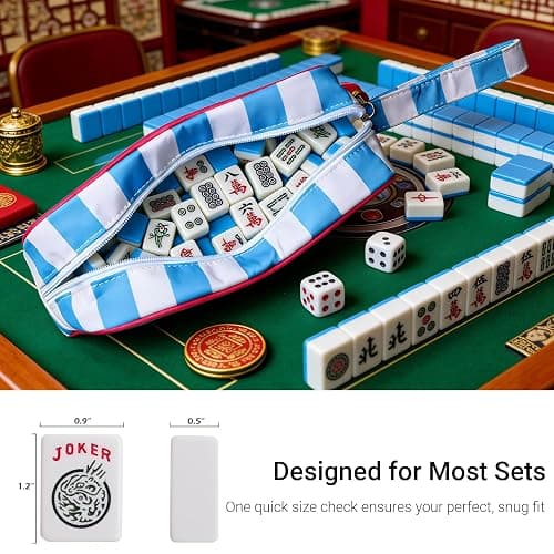 Mahjong Tile Bag with Handle - Stylish Blue & White Striped Case for 166 American Tiles (1.2"), Embroidered Design with Plush Interior & Tassel Zipper, Travel Organizer (Bag Only, Tiles Not Included) thumbnail 7