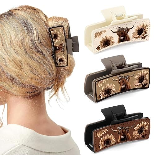 CiyvoLyeen Highland Cattle Hair Claw Clips 4" Large Hairpins for Women Matte Leather Floral Scottish Cow Long Thick Hair Neutral Colors Appreciation Gifts Idea Teacher Nurse Mom Friends Teens 3PCS - Image 1