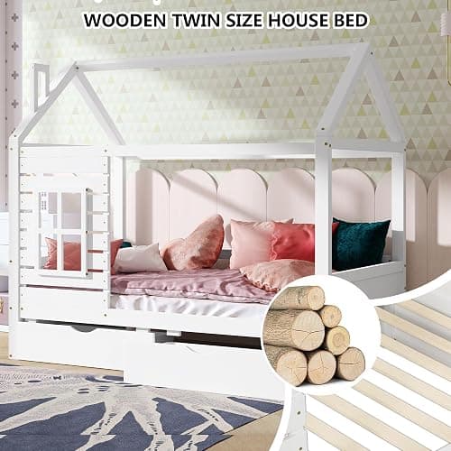 Aoowow Twin Size Kids House Bed with 2 Drawers, Wooden Twin Bed Frame with Window and Roof for Bedroom, Modern Twin Size Kid Playhouse Bed with Slats for Boys Girls, Can be Decorated, White thumbnail 5