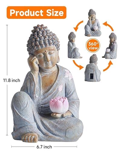 Thumok Buddha Statue Outdoor with Lotus Flower Light, IP65 Waterproof Solar Statue Lights, Outdoor Statues for Garden, Zen Decor for Garden, Home, Patio, Lawn thumbnail 2