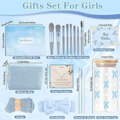 Gifts for Girls Teenage 9 10 11 12 13 14 Year Old, Valentine's Day Birthday Gifts for Girls Age 8-15, Glass Cup with Lid and Straw, Makeup Brushes Cosmetic Bag Necklace Socks Headband, Bow Coffee Cup thumbnail 2