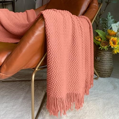LOMAO Knitted Throw Blanket with Tassels Bubble Textured Lightweight Throws for Couch Cover Home Decor (Coral, 60x80) thumbnail 4