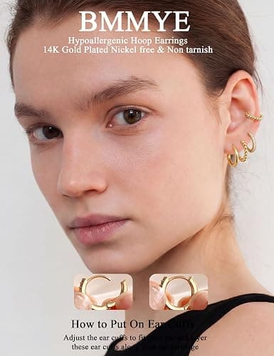 BMMYE Gold Huggie Hoop Earrings for Women Hypoallergenic 14K Gold Plated Mini Hoops Earrings Set for Multiple Piercing Lightweight Small Hoop Earrings Stack Jewelry for Gifts thumbnail 2