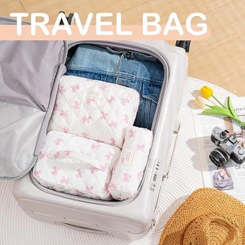UYUUY Makeup Bag for Women 3PCS Quilted Cotton Make Up Bag Travel Cosmetic Bag Large Makeup Bag Set Cute Bow Makeup Bag Organizer Floral Toiletry Bag Makeup Pouch for Purse - White thumbnail 6