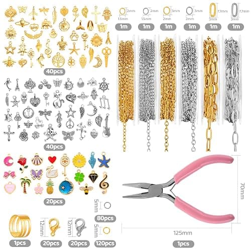 Zefy 18K Gold Silver Chain for Jewelry Making, 19.7ft 6 Rolls Stainless Steel Chains Bulk with 348 Pcs Charms, Jump Rings Lobster Clasps Set for DIY Bracelet Necklace Crafts thumbnail 5