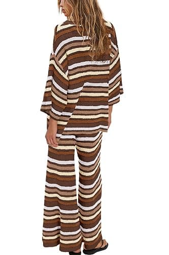 ReachMe Womens Oversized Striped 2 Piece Set Sweater and Wide Leg Pants with Pockets Pajama Lounge Sets Casual Outfits thumbnail 4
