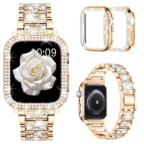 Mosonio Compatible with Apple Watch Band 38mm 40mm 41mm 42mm 44mm 45mm 46mm 49mm with 2 Pack Case Women, Jewelry Replacement Metal Bands Strap with Bling PC Protective Case for iWatch Ultra SE Series 11/10/9/8/7/6/5/4/3/2/1 - Image 1