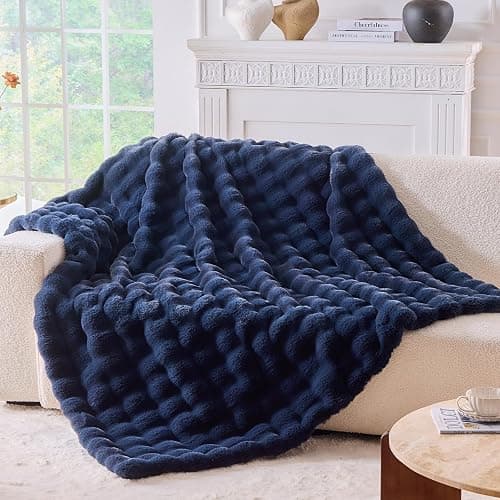 BENVWE Fluffy Faux Fur Throw Blanket for Couch, Soft Plush Thick Cozy Fuzzy Luxury Minky Bubble Blanket for Home Living Room Decor Gift for Women, Navy Blue, 63" x 80", 1100GSM - Image 1