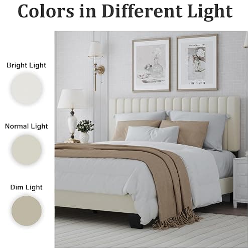 ZZBINUS Full Bed Frame, Velvet Upholstered Platform Bed Frame with Adjustable Headboard, Vertical Quilted Design, Sturdy Slatted Mattress Base, Easy to Assemble, White thumbnail 4