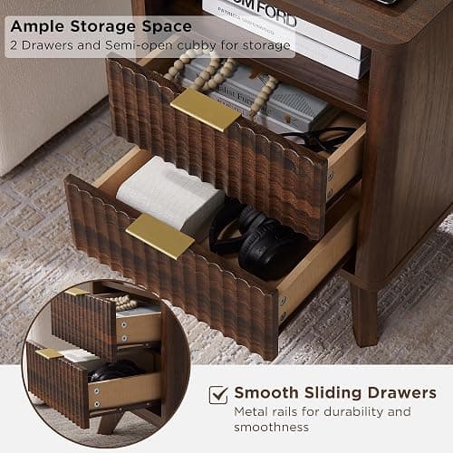 T4TREAM Fluted Nightstand with Charging Station, 18" Modern Side Table, 2 Drawers End Table with Storage, Bedside Table for Bedroom, Living Room, Curved Profile Design, Dark Walnut thumbnail 6