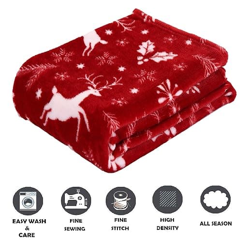 Elegant Comfort Luxury Velvet Super Soft Christmas Prints Fleece Blanket-Holiday Theme Home Décor Fuzzy Warm and Cozy Throws for Winter Bedding, Couch and Gift, 50 x 60 inch, Burgundy Reindeer thumbnail 4