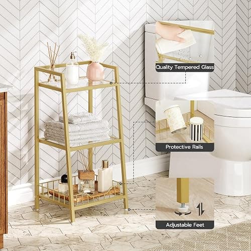 HOOBRO Gold Glass Shelf Stand, 3 Tier Standing Shelf Unit, Bathroom Organizer and Storage, Floor Storage Shelves Waterproof, for Bathroom, Laundry, Toilet, Tempered Glass, Gold GD77CJ01 thumbnail 5