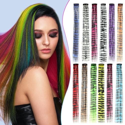 Suncalla 12 Pcs Stripe Printed Wig Piece Colorful Raccoon Tail Hair Extensions Synthetic Long Straight Clip-in Hair Extensions for Women Daily Use Halloween(18") thumbnail 6
