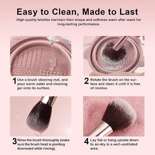 HEDIVIA Pink Makeup Brushes Set 14 Pcs Professional, Synthetic Foundation Concealer Powder Blush Eyeshadow Brushes with 2 Powder Puffs & Dual-ended Mask Applicator, Gifts for Women Teen Girls thumbnail 8