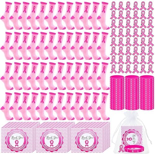 Shyyween Breast Cancer Awareness Sock Gifts Include Pink Ribbon Socks Silicone Bracelets Pink Lapel Pins Thank You Card Organza Bags for Breast Cancer Charity Event Survivor Campaign Supplies