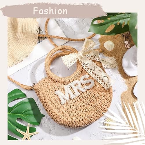 Pinkunn Bride Gift Bride Straw Purse Mrs Handwoven Bag Rhinestone Letter Bag Bachelorette Honeymoon Wedding Bridal Shower thumbnail 5