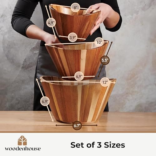 Wooden Salad Bowl Set, Wooden Bowls Set of 3 - Wavy Design Salad Bowl Set for Serving, Handmade, Durable and Stylish Natural Wood Dining Accessory by Woodenhouse - Set of 3 thumbnail 4