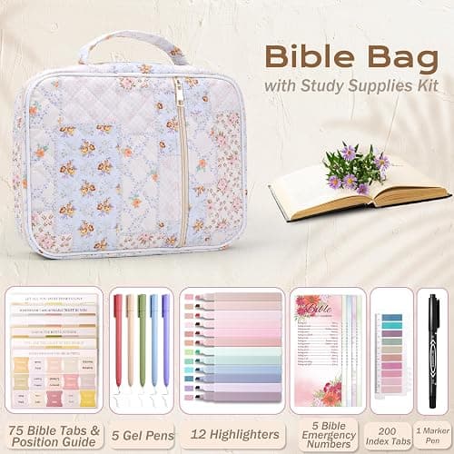 XKDOUS Bible Cover Case for Women Bible Bag w/Handle, Tabs, Study Supplies Journaling Kit Book Carrying Case Christian Gifts for Mom Lady Friends (Floral Patchwork) thumbnail 4
