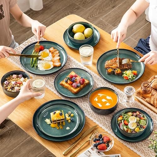 vancasso Starry 18 Pieces Dinnerware Sets for 6, Green Reactive Glaze Dishes Sets, Ceramic Plates and Bowls Set, Dinner Salad Dessert Plates, and Cereal Bowls Set, Dishwasher and Microwave Safe thumbnail 2
