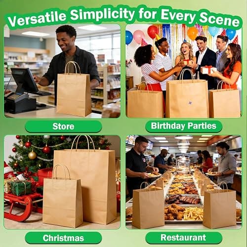 Volokitx 12-Pack Paper Bags with Handles Bulk – 8 x 4.25 x 10 in, Medium Size Brown Kraft Paper Bags, Kraft Gift Bag for Party, Retail, Business, Shopping thumbnail 5
