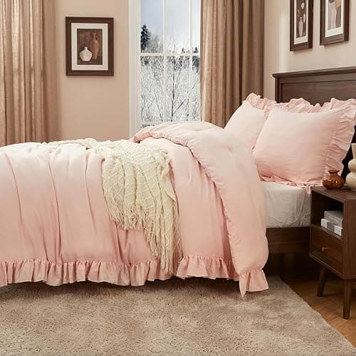 CAROMIO Pink Ruffled Comforter Set Queen Size, 3PCS Soft Washed Microfiber Lightweight & Fluffy All-Season Bedding Comforter with Vintage French Country Style, Pink, 90x90 in thumbnail 4
